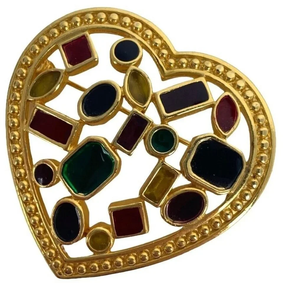 Colorful Enameled Geometric‎ Design Heart Shaped Brooch Pin Gold Tone Rainbow